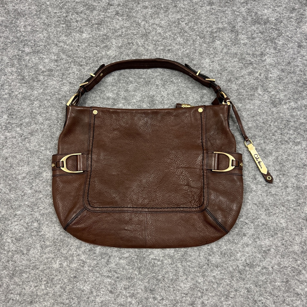 Cole Haan Large Brown Pebbled Leather Hobo Bag Stirrup Shoulder Purse Zip